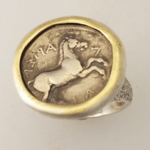Ancient AR Drachm, Pony, Sterling Silver and 14kt Gold Ring