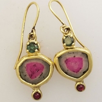 Natural Watermelon Tourmaline Slices in 14kt Gold Earrings