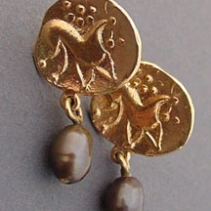14kt Gold Celtic Coin Replica Earrings with Pearl Drops