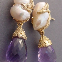 Freshwater Pearl and Amethyst 14kt Gold Earrings