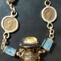 Carved Smoky Quartz Amphora, Bronze Coin, Aqua Crystal Necklace