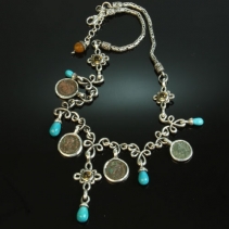 Sterling Silver Necklace with Bronze Coin and Turquoise