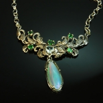 Sterling Silver Necklace with Ethiopian Opal, Aquamarine, Tsavorite Garnets