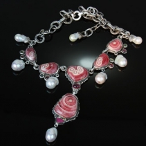 Rhodochrosite and Pearl Sterling Silver Necklace