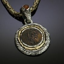 Pan, Ancient AE Coin, Sterling Silver and 14kt Gold Pendant