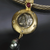 Ancient Demeter, AR Drachm, 14kt Gold Pendant with Tahitian Pearl Drop