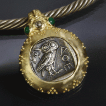 Ancient Old Style Athena Owl, AR Tetradrachm, 14kt Gold Pendant with Diamond and Emeralds