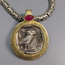 Old Style Athena Owl AR Tetradrachm 14kt Gold Pendant