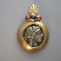 Old Style Athena, 14kt Pendant with Sapphire and Rubies