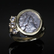 Ancient Coin, Histiaia, 14kt Gold Ring with Diamonds