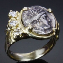 Ancient Coin, Maenad, 14kt Gold Ring with Diamonds