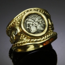 Ancient Coin, Janiform, AR Diobol, 14kt Gold Ring