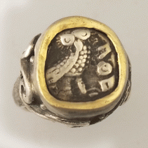 Ancient Owl Coin Sterling Silver and 14kt Gold Ring