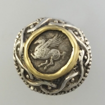 Pegasus, Ancient AR Drachm, Sterling Silver and 14kt Gold Ring