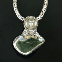Ancient Coin and Glass, Platinum Silver and 14kt Pendant