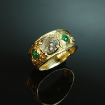 Ephesos Bee, Ancient Coin, in 14kt Gold Wide Band Ring with Emeralds