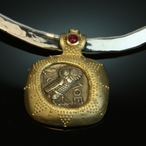 Old Style Athena Owl in 14kt Gold Pendant with Ruby and Diamond