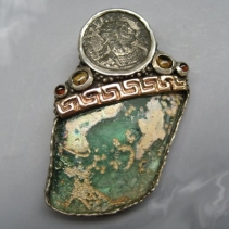 Roman Coin, Ancient Glass, SS/14kt Pendant