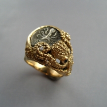 Octopus Coin, 14kt Octopus Ring