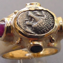 Lion coin, 14kt Ring with Rubies and Black Diamonds