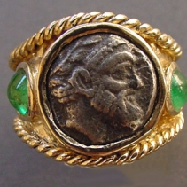 Phoenician Coin, 14kt Ring with Emeralds