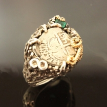 Shipwreck Coin, SS/14kt Ring with Emerald Crystal
