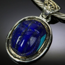 Carved Lapis and Turquoise Scarab, Sterling Silver/ 14kt Gold Pendant