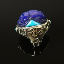 Carved Lapis and Turquoise Sterling Silver and 14kt Gold Ring