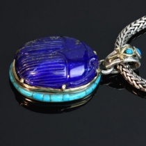 Carved Lapis Scarab, SS/14kt Pendant with Sleeping Beauty Turrquoise