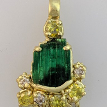 Fine Colombian Emerald Crystal Cluster, Diamond 14kt Gold Pendant