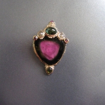 Watermelon Tourmaline, 14kt Gold Pendant with Fancy Color Rose Cut Diamonds, Tourmalines and Ruby