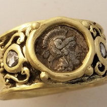 Athena, Ancient coin, 14kt Gold Wide Band