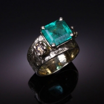 Emerald, Champagne Diamond 14kt Gold Ring
