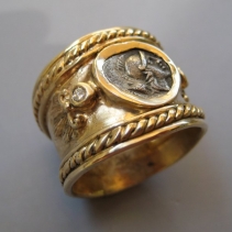 Athena, Ancient Coin, 14kt Gold Wide Band with Diamonds