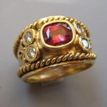 Ruby, 18kt Gold Wide Band with Diamonds