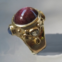 Star Ruby, 14kt Gold Ring with Rainbow Mooonstones and Sapphres