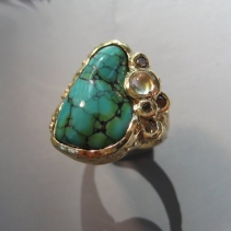 Spiderweb Turquoise, 14kt Gold Ring with Stones on Side