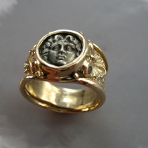 Helios, Ancient Coin, 14kt Gold Wide Band with Diamonds