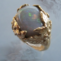 Australian Black Opal, 14kt Gold Ring, Leaves