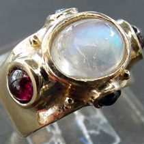 Rainbow Moonstone, 14kt Gold Wide Band with Garnets and Sapphires