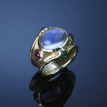 Rainbow Moonstone, 14kt Wide Band with Emeralds and Rubies
