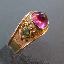 Rubellite Tourmaline Cabochon, 14kt Gold Wide Band Ring with Emeralds