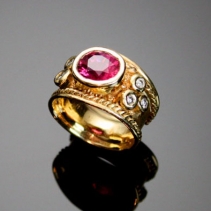 Ruby, 18kt Gold Wide Band Ring with Diamonds