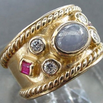 Star Sapphire, 14kt Wide Band Ring with Diamonds and Rubies