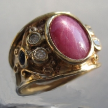 Star Ruby, 14kt Gold Wide Band Ring with Diamonds