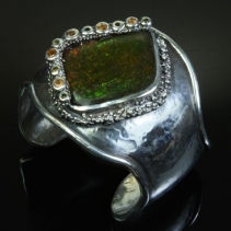 Ammolite in Wide Sterling Silver Cuff Bracelet