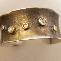 Sterling Silver Anticlastic Oxydized Cuff Bracelet with Rainbow Moonstones and Brown Diamonds