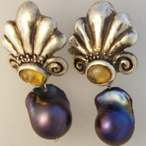 Sterling Silver Earring Tops with Citrines and Grey Freshwater Pearl Drops