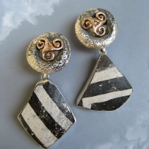 Pre-Pueblo Pottery Shard, Sterling Silver and 14kt Gold Earrings