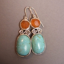 Turquoise and Garnet Crystal, Stertling Silver Earrings